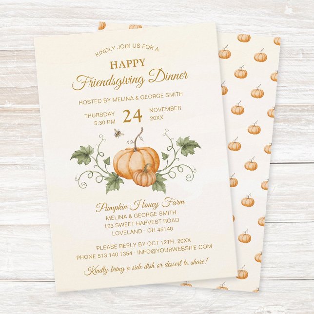 Convite Elegant Watercolor Pumpkins Friendsgiving Dinner (Elegant friendsgiving dinner party invitation featuring watercolor pumpkins, vines, leaves and bees.)