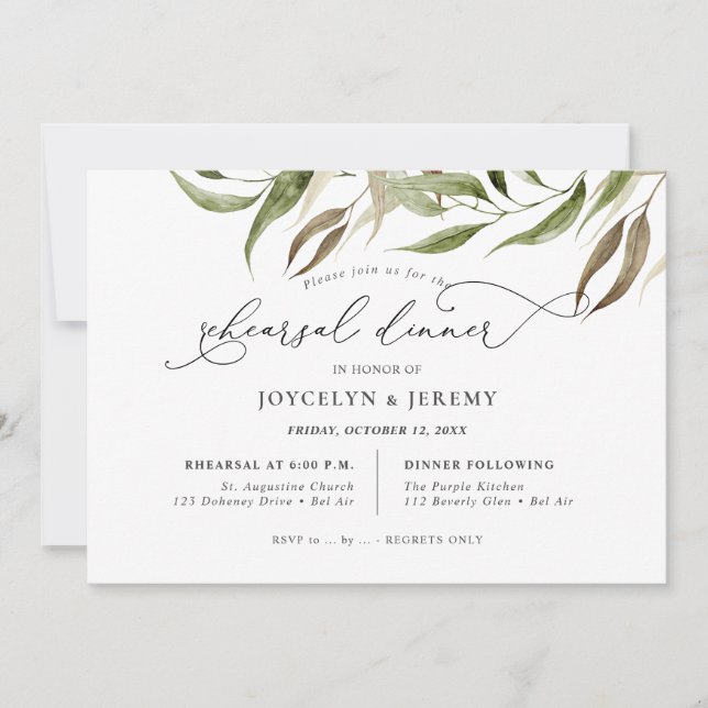 Convite Elegant Watercolor Rustic Eucalyptus Rehearsal (Frente)