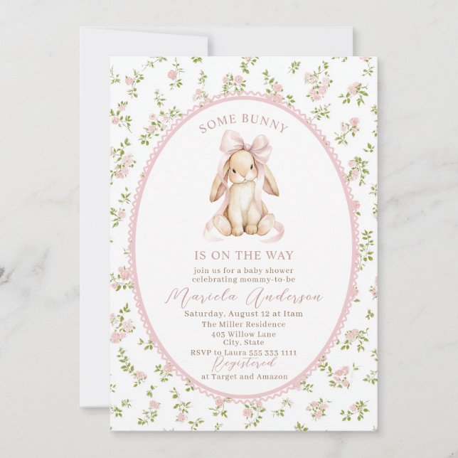 Convite Elegant Watercolor some bunny pink bow Baby Shower (Frente)