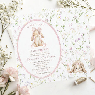 Convite Elegant Watercolor some bunny pink bow Baby Shower