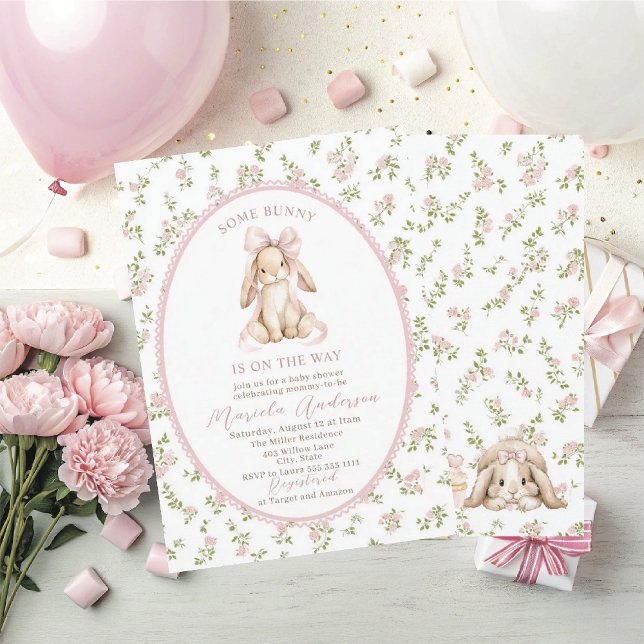 Convite Elegant Watercolor some bunny pink bow Baby Shower (Criador carregado)
