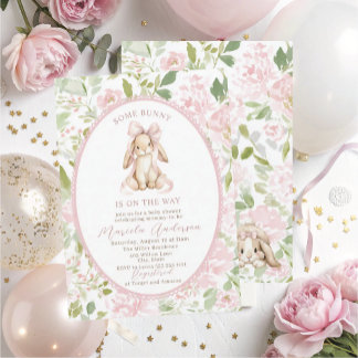 Convite Elegant Watercolor some bunny pink bow Baby Shower