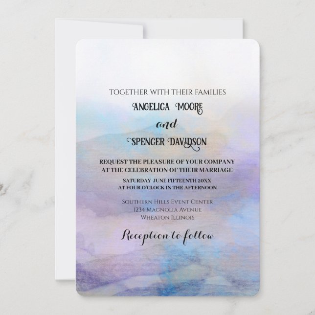 Convite  Elegant watercolor style  purple blue wedding  (Frente)