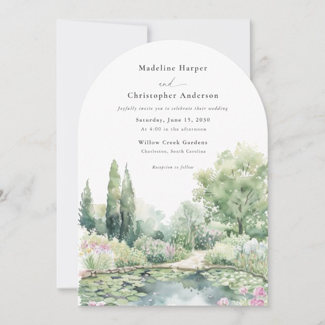 Convite Elegant Watercolor Summer Garden Arched Wedding (Frente)