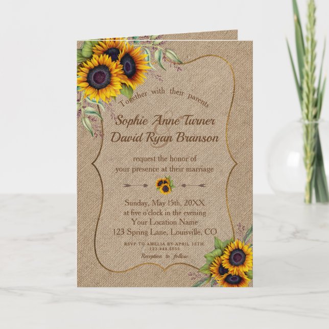 Convite Elegant Watercolor Sunflowers Burlap Wedding (Frente)