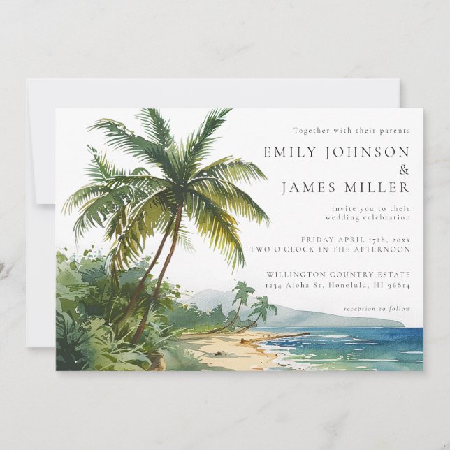 Convite Elegant Watercolor Tropical Beach QR Code Wedding (Frente)