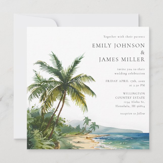 Convite Elegant Watercolor Tropical Beach Wedding (Frente)