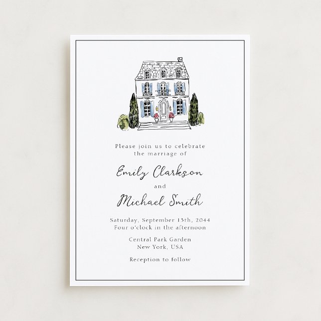 Convite Elegant Watercolor Venue Sketch Wedding Invitation (Criador carregado)