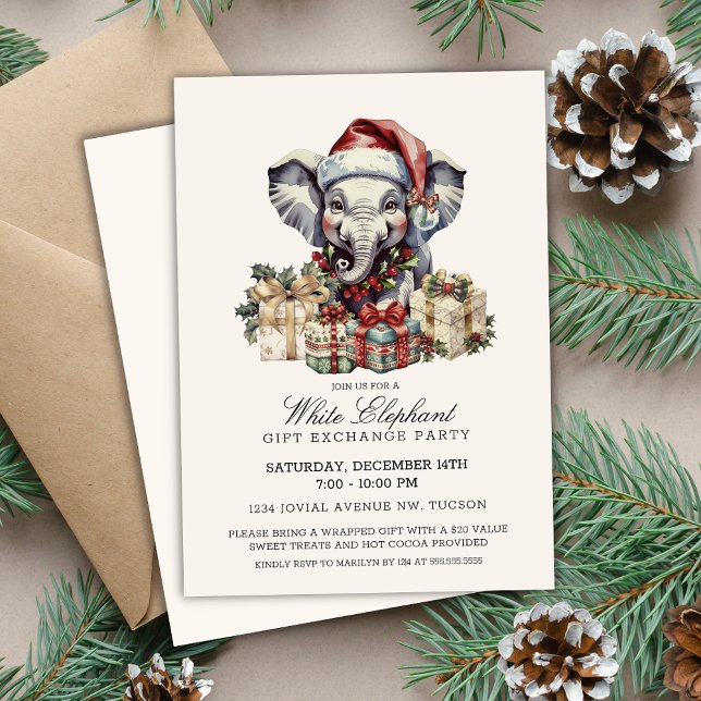 Convite Elegant Watercolor White Elephant Gift Exchange (Elegant white elephant gift exchange invitations for christmas holiday corporate office party invite)