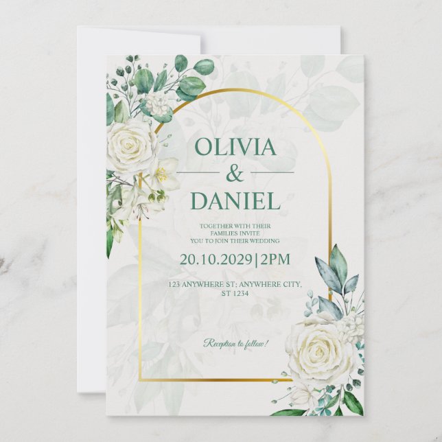 Convite Elegant Watercolor White Roses Wedding Invitation (Frente)