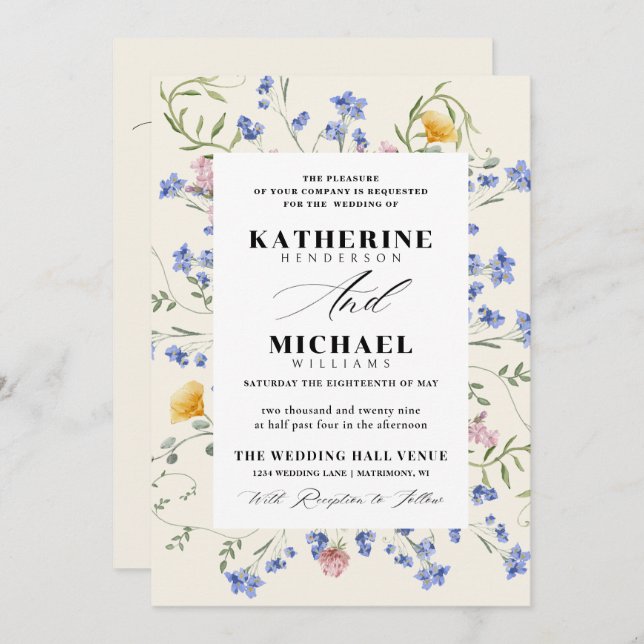 Convite Elegant Watercolor Wldflowers Meadow Details RSVP (Frente/Verso)