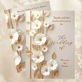 Convite Elegant Wedding Beige White Flowers Gold Bamboo