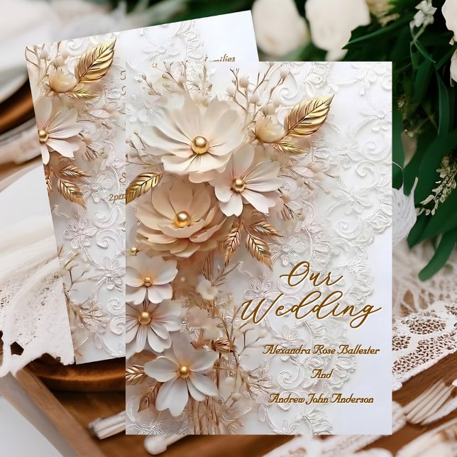 Convite Elegant Wedding Beige White Lace Gold Flowers (Criador carregado)