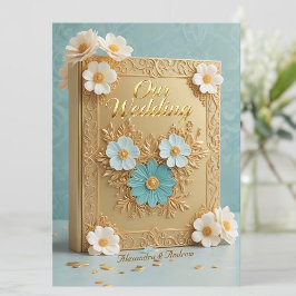 Convite Elegant Wedding Book Blue White Gold Flowers