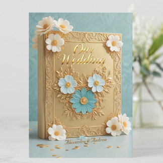 Convite Elegant Wedding Book Blue White Gold Flowers