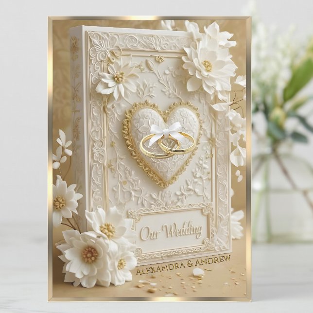 Convite Elegant Wedding Book Gold Heart Lace White Flowers (Criador carregado)