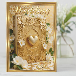 Convite Elegant Wedding Book Gold Heart White Flowers