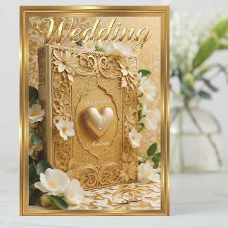 Convite Elegant Wedding Book Gold Heart White Flowers