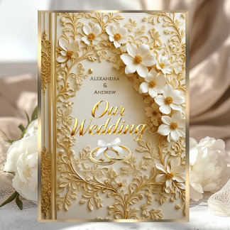 Convite Elegant Wedding Book Ornate Gold White Floral