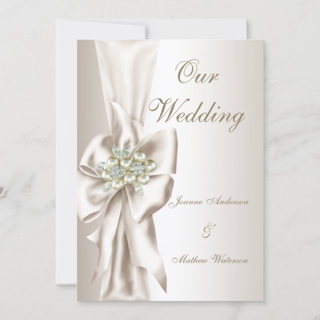 Convite Elegant Wedding Damask Pearl Cream White Bow 2 (Frente)