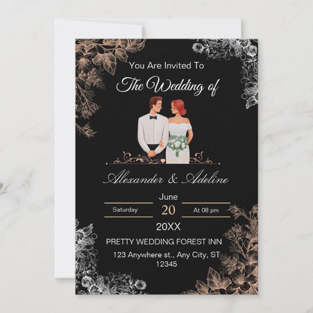 Convite Elegant Wedding Invitation with Dark Floral  (Frente)