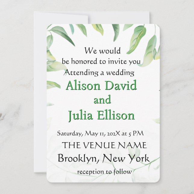 Convite Elegant wedding invitation with green leaves (Frente)