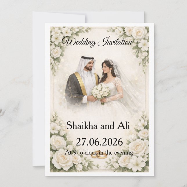 Convite Elegant Wedding Invitation with White Flowers and  (Frente)