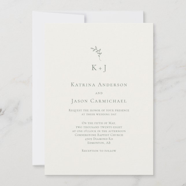 Convite Elegant Wedding Minimal Sage Green Monogram (Frente)