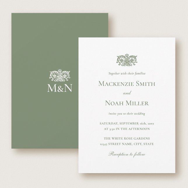 Convite Elegant Wedding Monogram Invitation Ornate Green (Criador carregado)