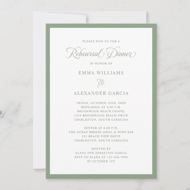 Convite Elegant Wedding Rehearsal Dinner Sage Green (Frente)