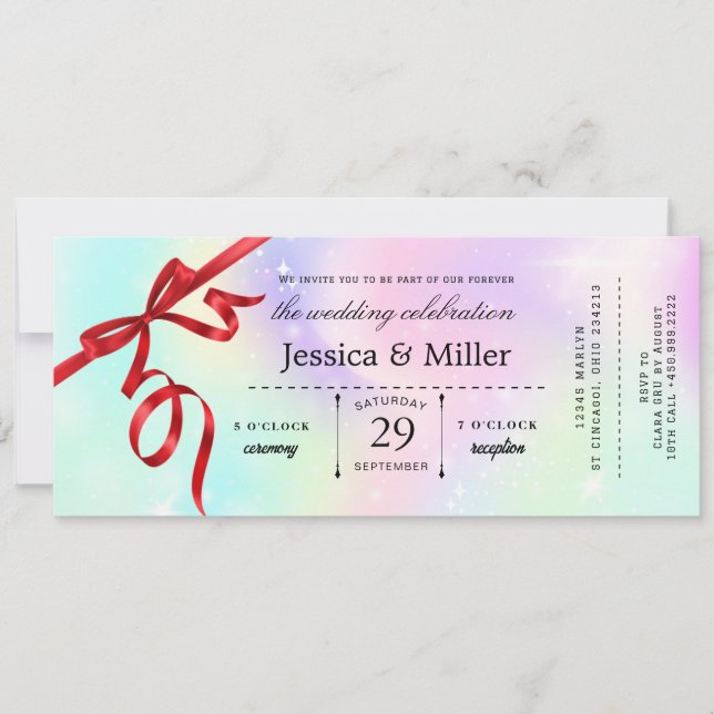 Convite Elegant Wedding Ticket Invitation with Red Ribbon (Frente)