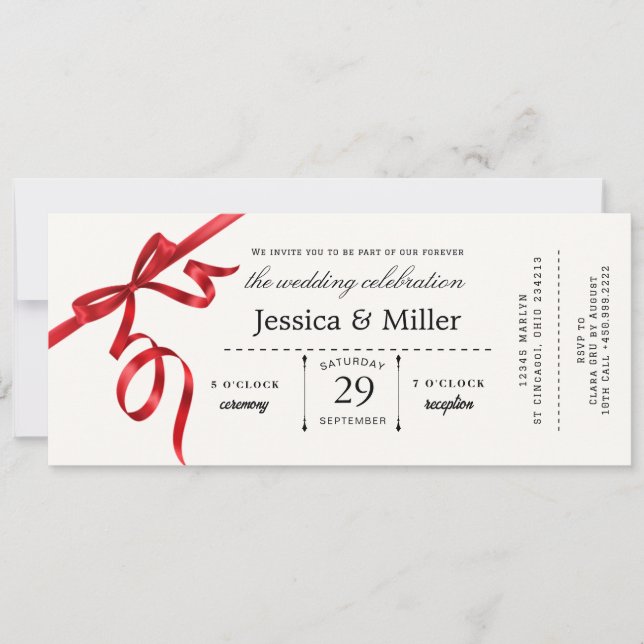 Convite Elegant Wedding Ticket Invitation with Red Ribbon (Frente)