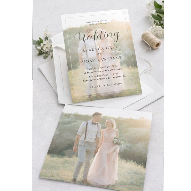 Convite Elegant White and Black Gold Border Photo Wedding (Criador carregado)