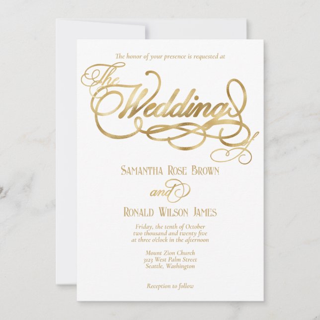 Convite Elegant White and Faux Gold Calligraphy Wedding (Frente)