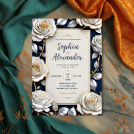 Convite Elegant White and Gold Rose on Navy Blue