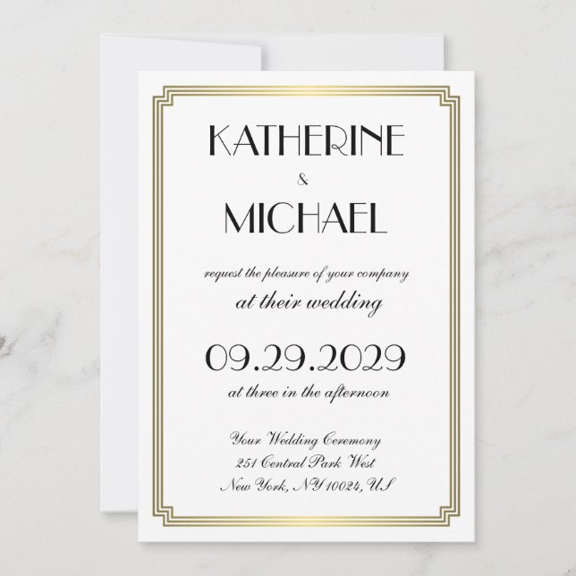 Convite Elegant White Art Deco Wedding Invitations (Frente)