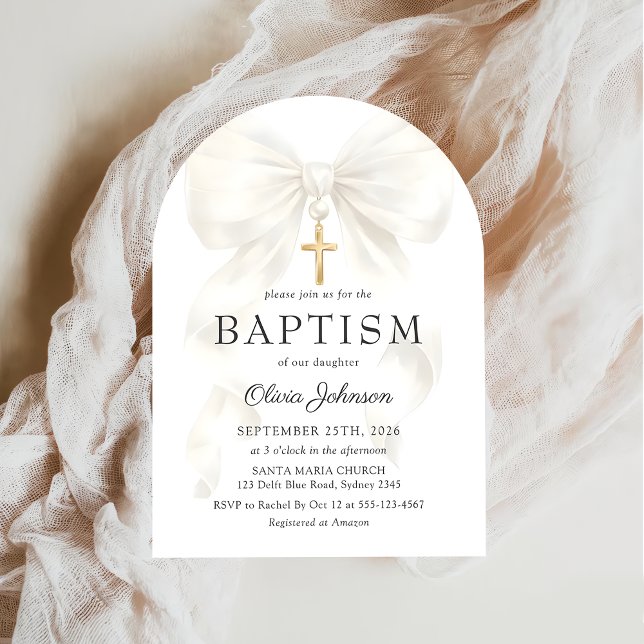 Convite Elegant White Bow Baptism Girl Invitation (Criador carregado)