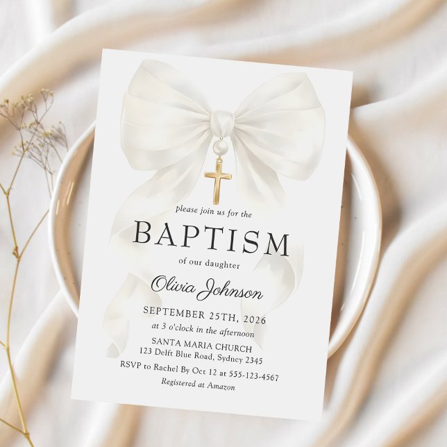 Convite Elegant White Bow Baptism Girl Invitation (Criador carregado)