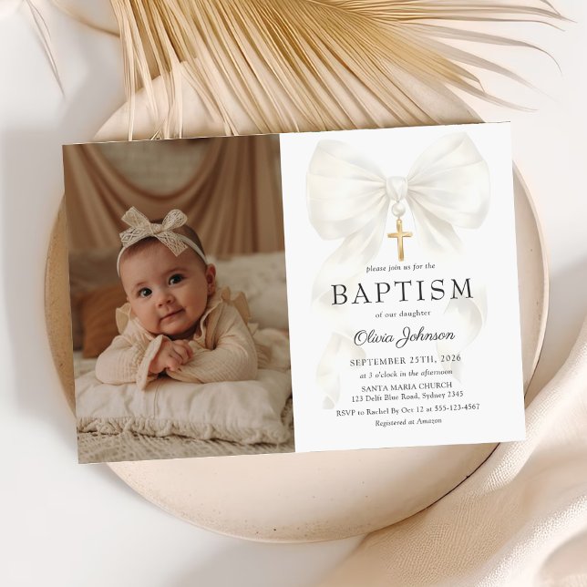 Convite Elegant White Bow Baptism Girl Photo Invitation (Criador carregado)