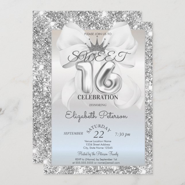 Convite Elegant White Bow,Tiara,Silver Glitter Sweet 16  (Frente/Verso)
