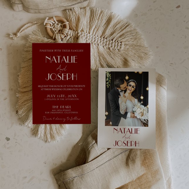 Convite Elegant White Burgundy Minimalist Photo Wedding (Criador carregado)