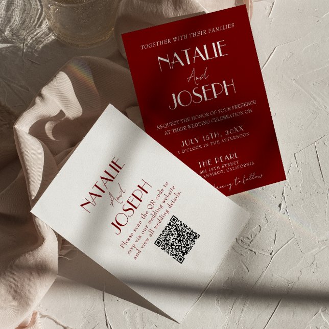 Convite Elegant White Burgundy Minimalist QR Code Wedding (Criador carregado)