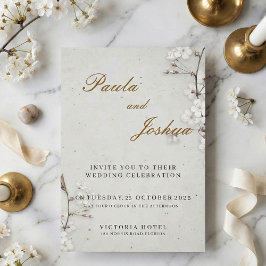 Convite Elegant White Cherry Blossom & Gold Script Wedding
