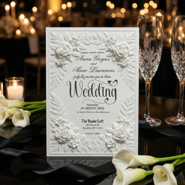 Convite Elegant White Faux Embossed Bas-Relief Wedding  (Criador carregado)