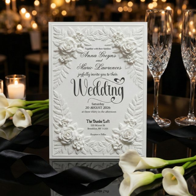 Convite Elegant White Faux Embossed Bas-Relief Wedding  (Criador carregado)