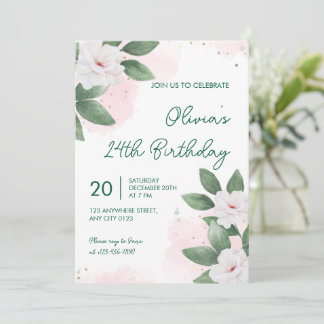 Convite Elegant White Floral 24th Birthday Invitation