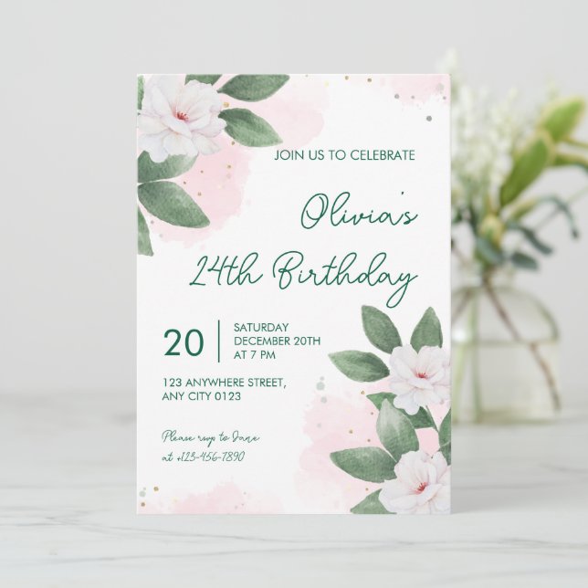 Convite Elegant White Floral 24th Birthday Invitation (Em pé/Frente)