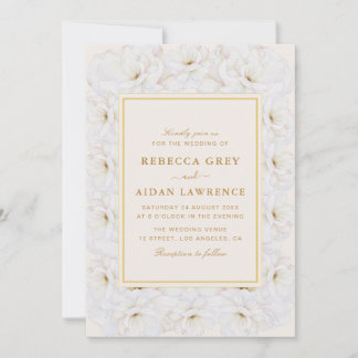 Convite Elegant White Floral Ivory Gold Border Wedding