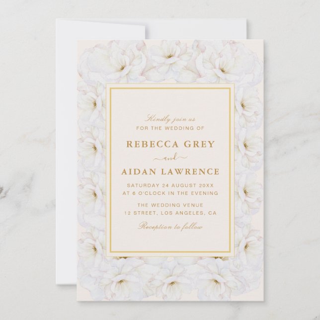 Convite Elegant White Floral Ivory Gold Border Wedding (Frente)
