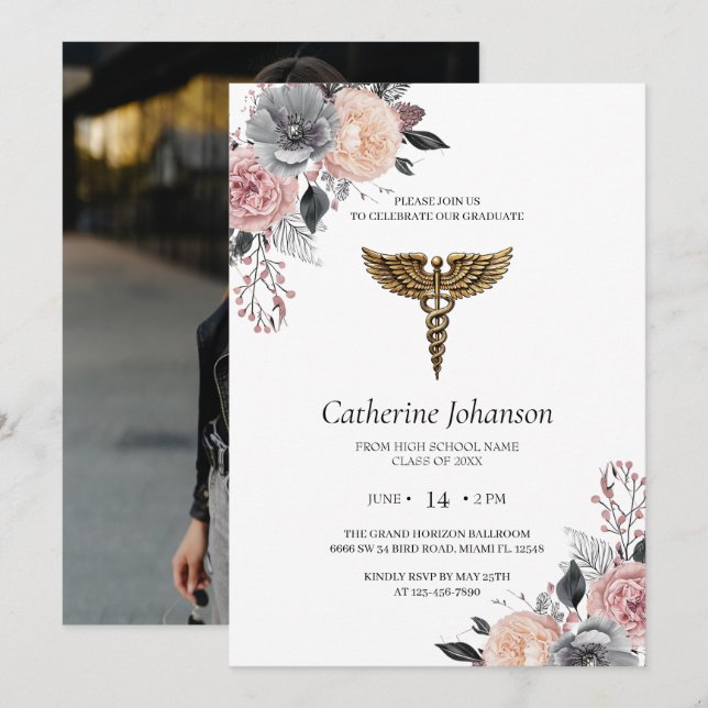 Convite Elegant White Floral Nursing Graduation Invitation (Frente/Verso)